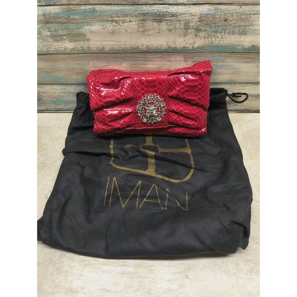 IMAN Ruffle Clutch Red Purse‎ With Shoulder Strap And Rhinestone Snap Closure